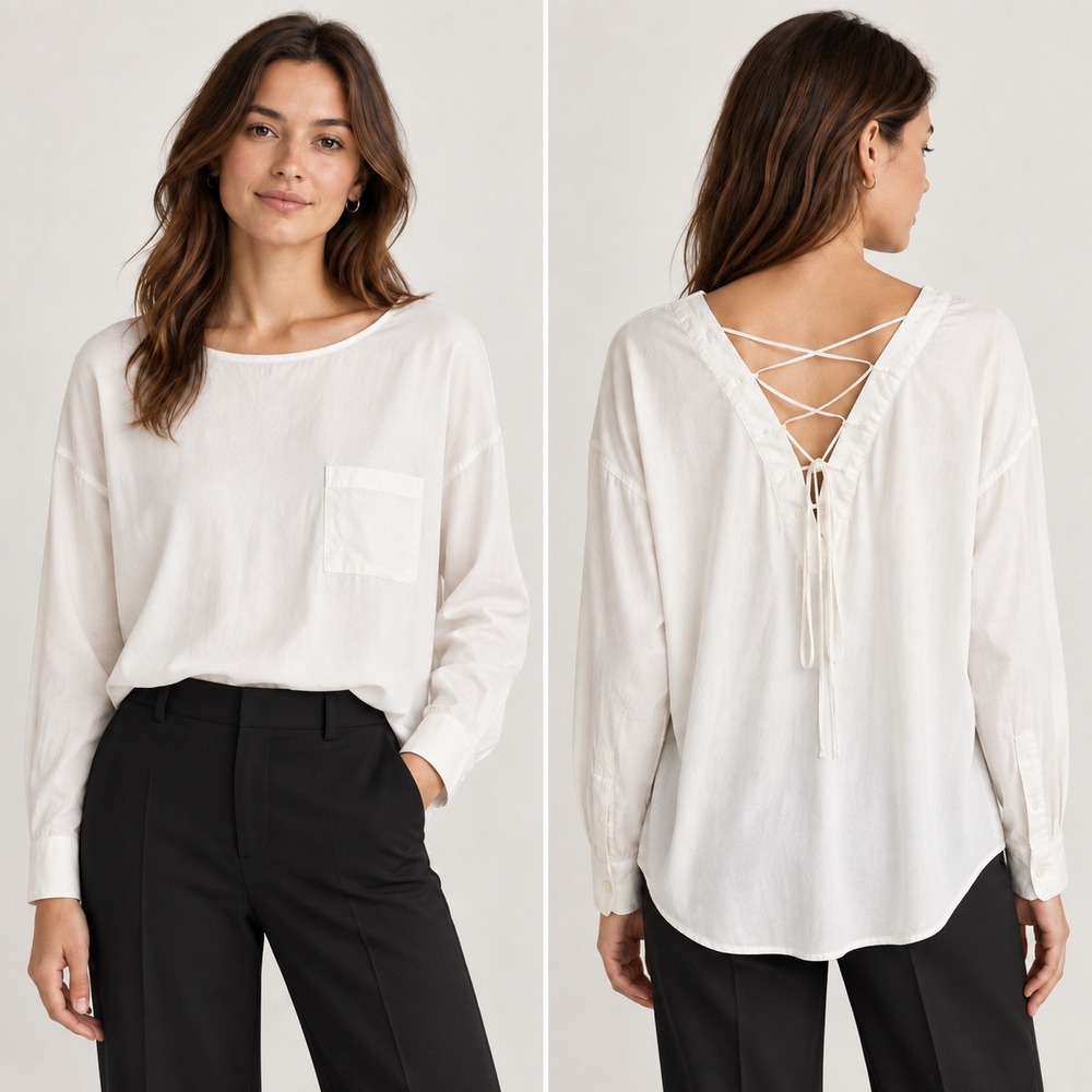 Theory Top Ivory Lace Up Back Stretch Cotton Minimalist Chic Office Siren Large